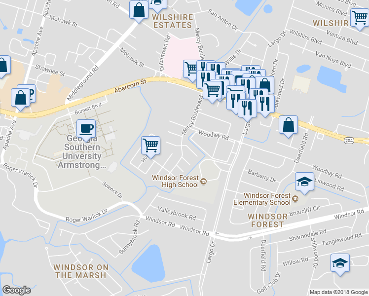 map of restaurants, bars, coffee shops, grocery stores, and more near 1 Saint Moritz Court in Savannah