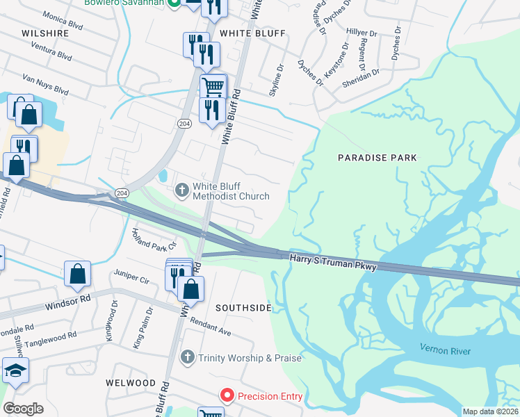 map of restaurants, bars, coffee shops, grocery stores, and more near 11900 White Bluff Road in Savannah