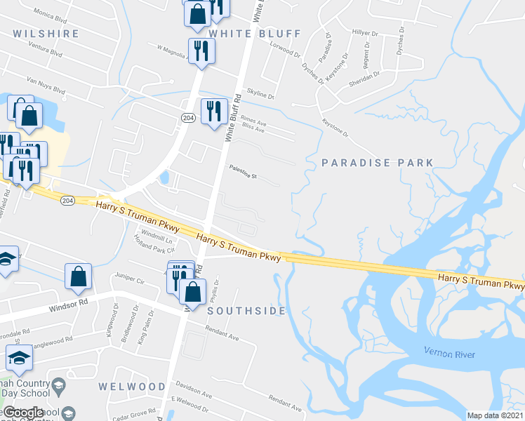 map of restaurants, bars, coffee shops, grocery stores, and more near 11900 White Bluff Road in Savannah