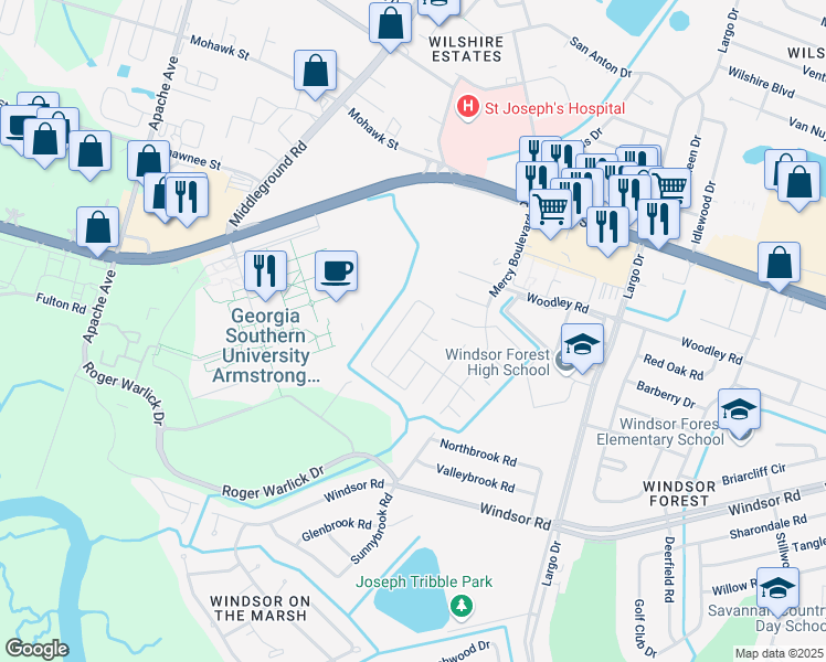 map of restaurants, bars, coffee shops, grocery stores, and more near 117 Hopeland Drive in Savannah