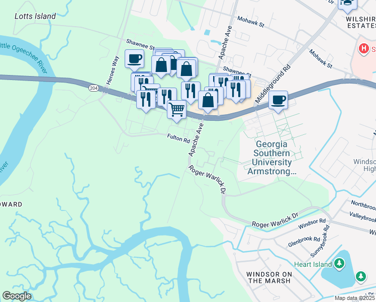 map of restaurants, bars, coffee shops, grocery stores, and more near 12209 Apache Avenue in Savannah