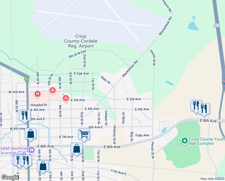 map of restaurants, bars, coffee shops, grocery stores, and more near 1002 Blackshear Road in Cordele