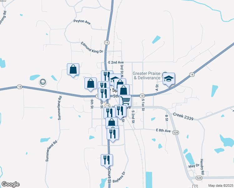 map of restaurants, bars, coffee shops, grocery stores, and more near 418 Mississippi 18 in Bay Springs