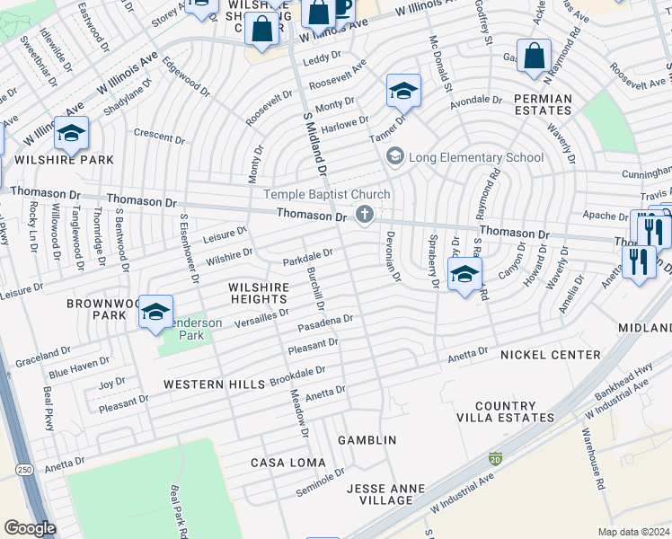map of restaurants, bars, coffee shops, grocery stores, and more near 4404 Erie Drive in Midland