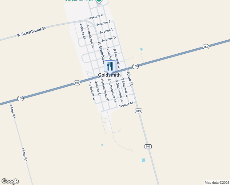 map of restaurants, bars, coffee shops, grocery stores, and more near 302 South Scharbauer Street in Goldsmith