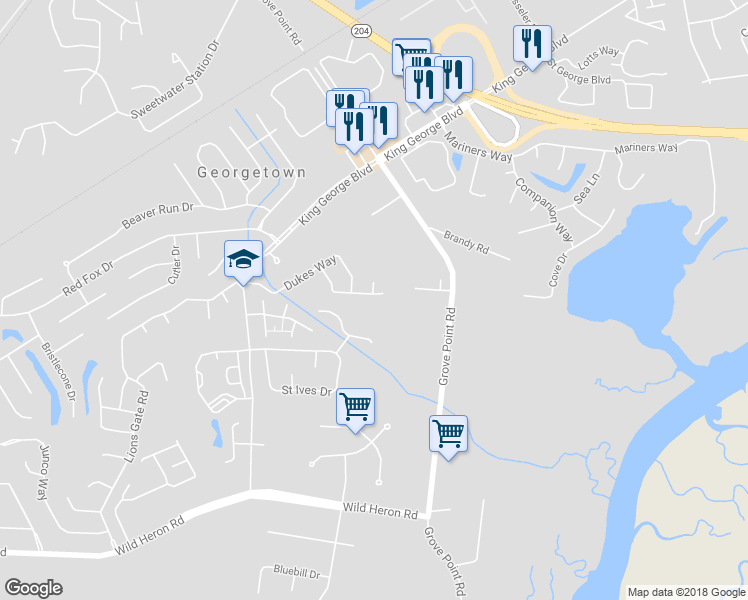 map of restaurants, bars, coffee shops, grocery stores, and more near 31 Mallorys Way in Savannah