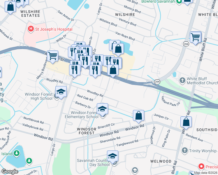 map of restaurants, bars, coffee shops, grocery stores, and more near 12202 Deerfield Road in Savannah