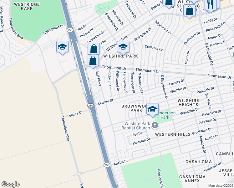 map of restaurants, bars, coffee shops, grocery stores, and more near 330 Willowood Drive in Midland