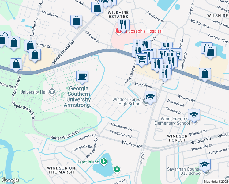 map of restaurants, bars, coffee shops, grocery stores, and more near 11 Marseilles Court in Savannah