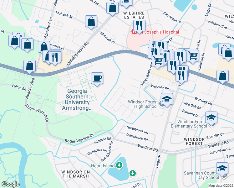 map of restaurants, bars, coffee shops, grocery stores, and more near 117 Hopeland Drive in Savannah