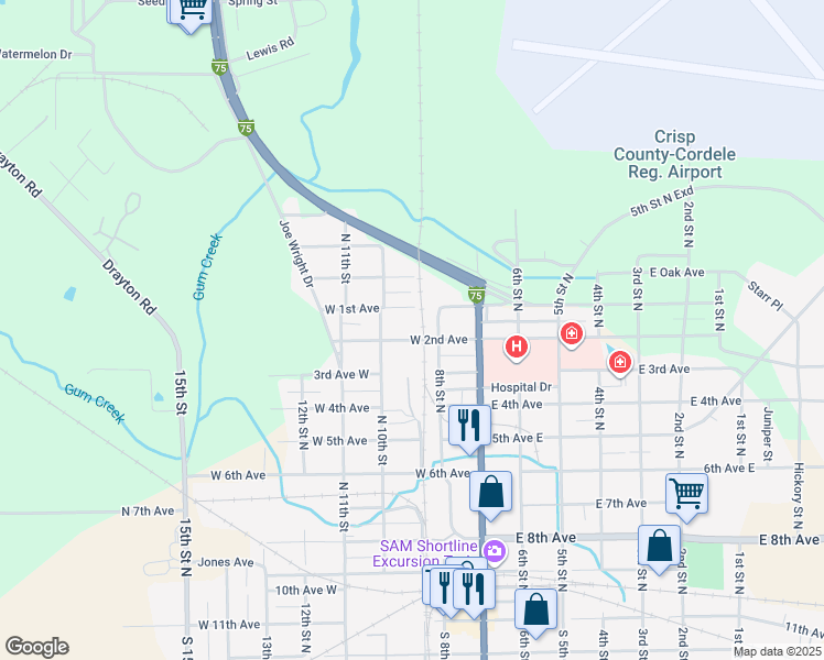 map of restaurants, bars, coffee shops, grocery stores, and more near 304 West 2nd Avenue in Cordele