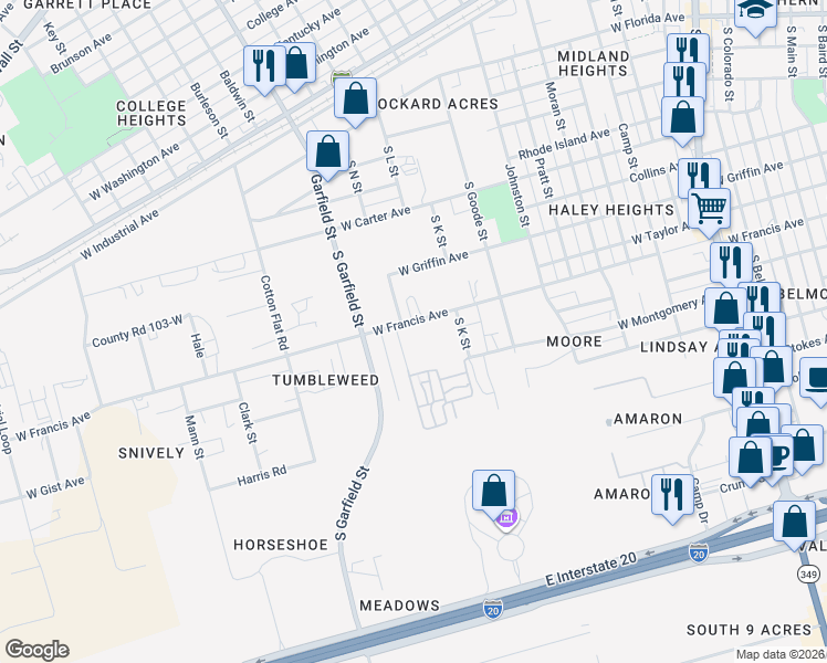 map of restaurants, bars, coffee shops, grocery stores, and more near 1643-1907 W Francis Ave in Midland