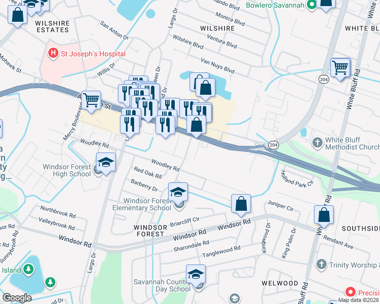 map of restaurants, bars, coffee shops, grocery stores, and more near 12202 Deerfield Road in Savannah