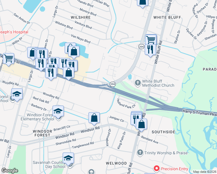 map of restaurants, bars, coffee shops, grocery stores, and more near 12 Truman Parkway in Savannah