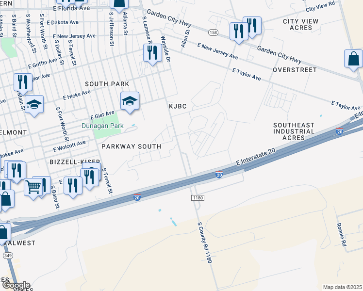 map of restaurants, bars, coffee shops, grocery stores, and more near 2501 South Lamesa Road in Midland