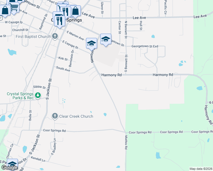 map of restaurants, bars, coffee shops, grocery stores, and more near 100-398 Mathis Road in Crystal Springs