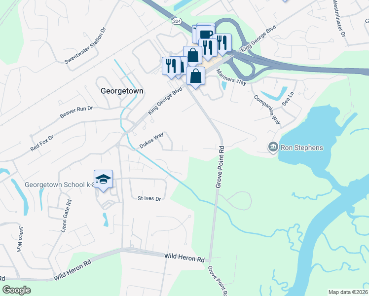 map of restaurants, bars, coffee shops, grocery stores, and more near 31 Mallorys Way in Savannah