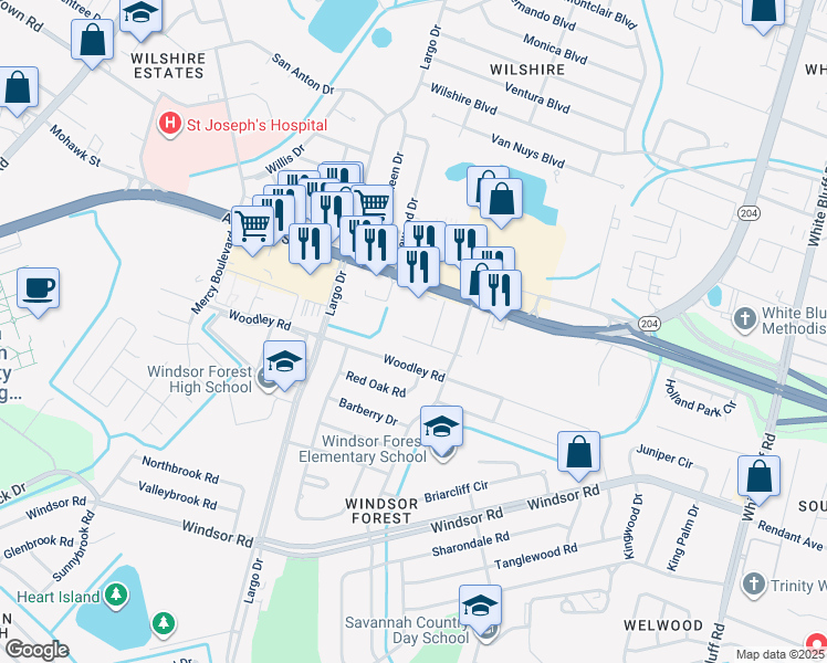 map of restaurants, bars, coffee shops, grocery stores, and more near 509 Collingwood Drive in Savannah