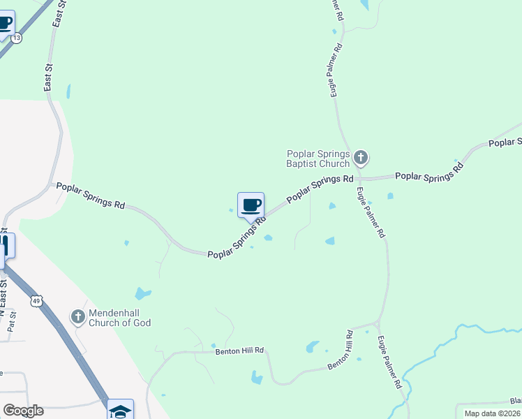 map of restaurants, bars, coffee shops, grocery stores, and more near 241-279 Poplar Springs Rd in Mendenhall