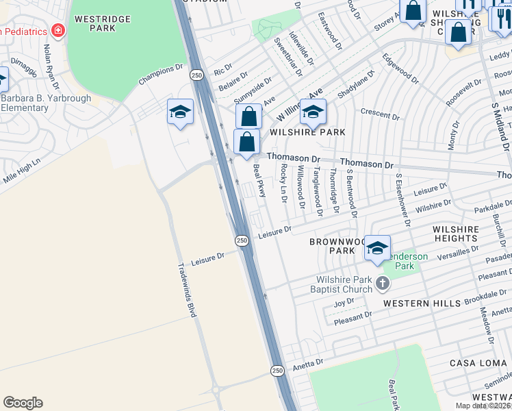 map of restaurants, bars, coffee shops, grocery stores, and more near State Highway 250 Loop Frontage Road in Midland