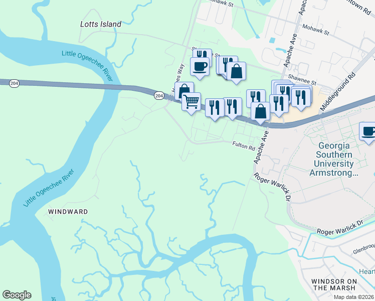 map of restaurants, bars, coffee shops, grocery stores, and more near in Savannah
