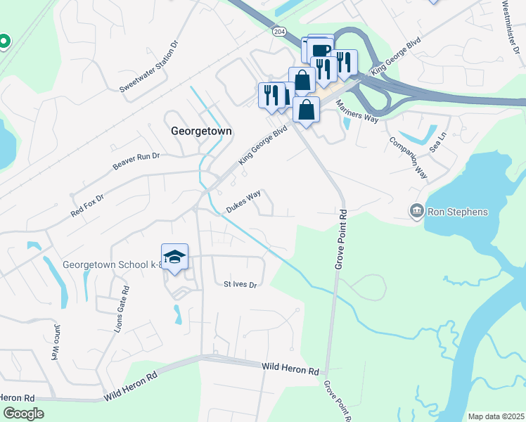 map of restaurants, bars, coffee shops, grocery stores, and more near 16 Mallorys Way in Savannah