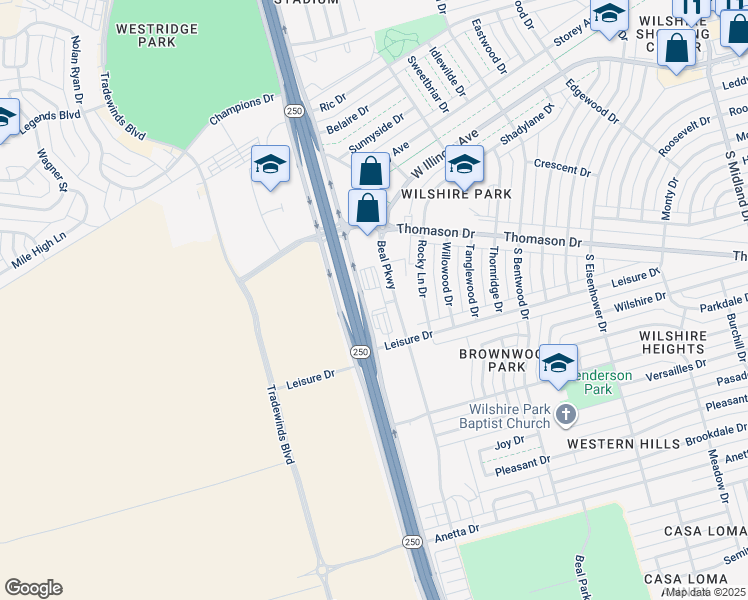 map of restaurants, bars, coffee shops, grocery stores, and more near 311 South Loop 250 West in Midland