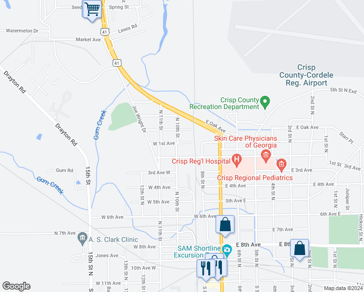 map of restaurants, bars, coffee shops, grocery stores, and more near 304 West 2nd Avenue in Cordele