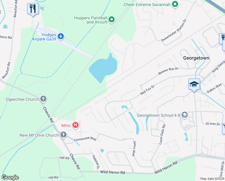map of restaurants, bars, coffee shops, grocery stores, and more near 16 East White Hawthorne Drive in Savannah