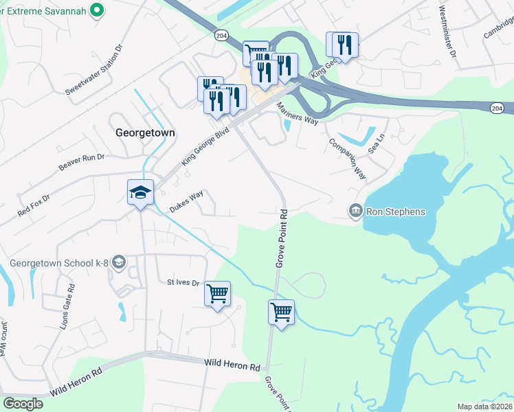 map of restaurants, bars, coffee shops, grocery stores, and more near 2051 Grove Point Road in Savannah