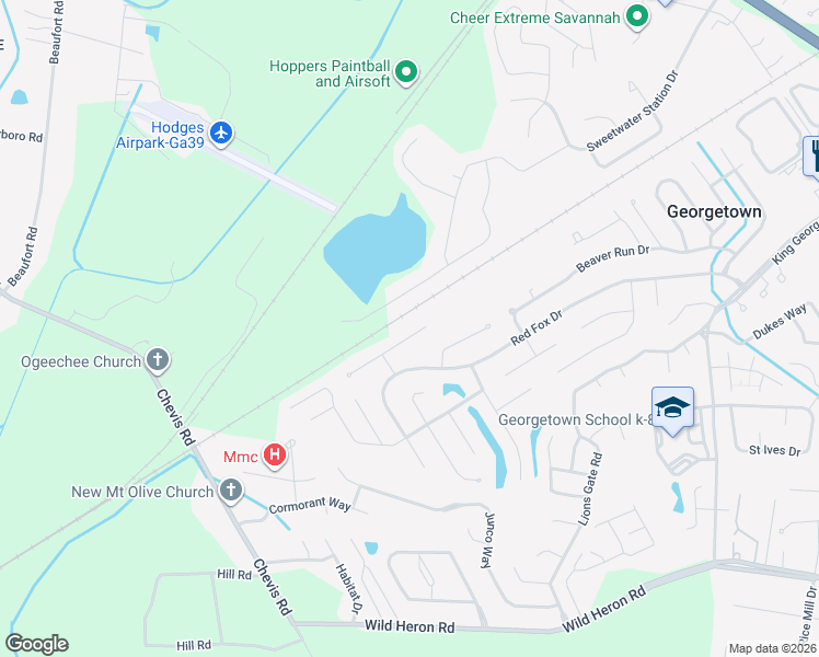 map of restaurants, bars, coffee shops, grocery stores, and more near 16 East White Hawthorne Drive in Savannah