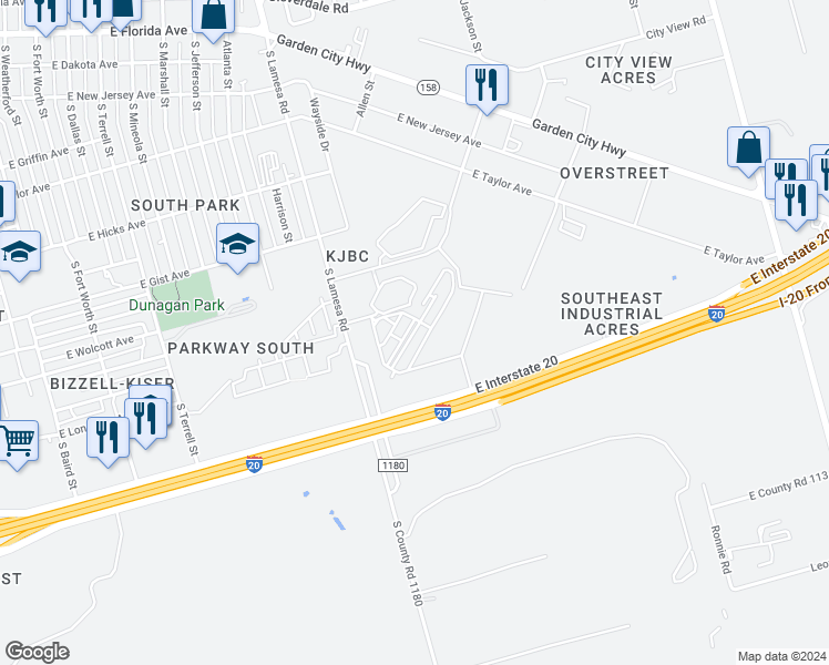 map of restaurants, bars, coffee shops, grocery stores, and more near 2501 South Lamesa Road in Midland