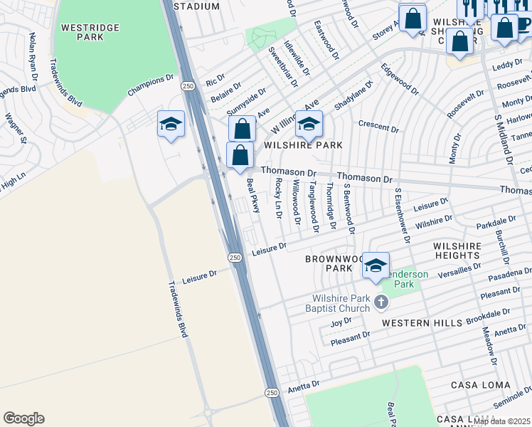 map of restaurants, bars, coffee shops, grocery stores, and more near 318 Rocky Lane Drive in Midland