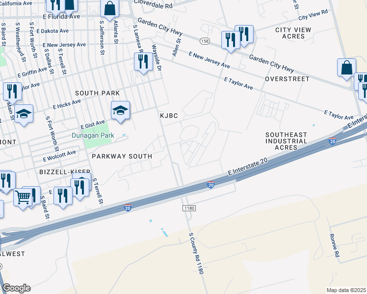 map of restaurants, bars, coffee shops, grocery stores, and more near 1201 Albert Ave in Midland