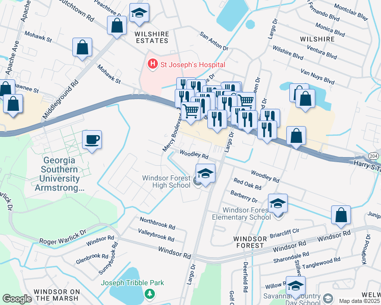 map of restaurants, bars, coffee shops, grocery stores, and more near Riviera Apartment in Savannah