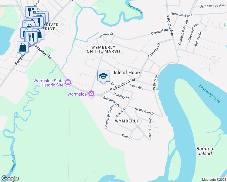 map of restaurants, bars, coffee shops, grocery stores, and more near 119 Parkersburg Road in Savannah