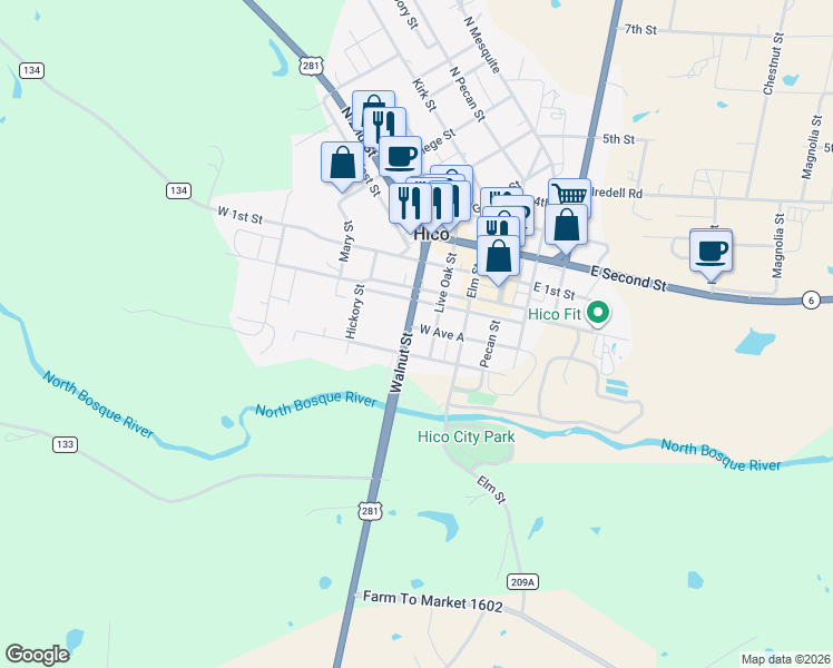 map of restaurants, bars, coffee shops, grocery stores, and more near 211 Walnut Street in Hico