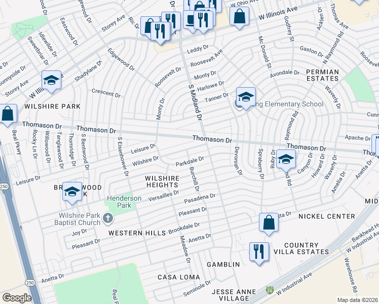 map of restaurants, bars, coffee shops, grocery stores, and more near 4500 Wilshire Dr in Midland