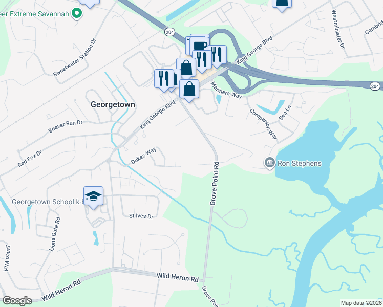 map of restaurants, bars, coffee shops, grocery stores, and more near 2051 Grove Point Road in Savannah