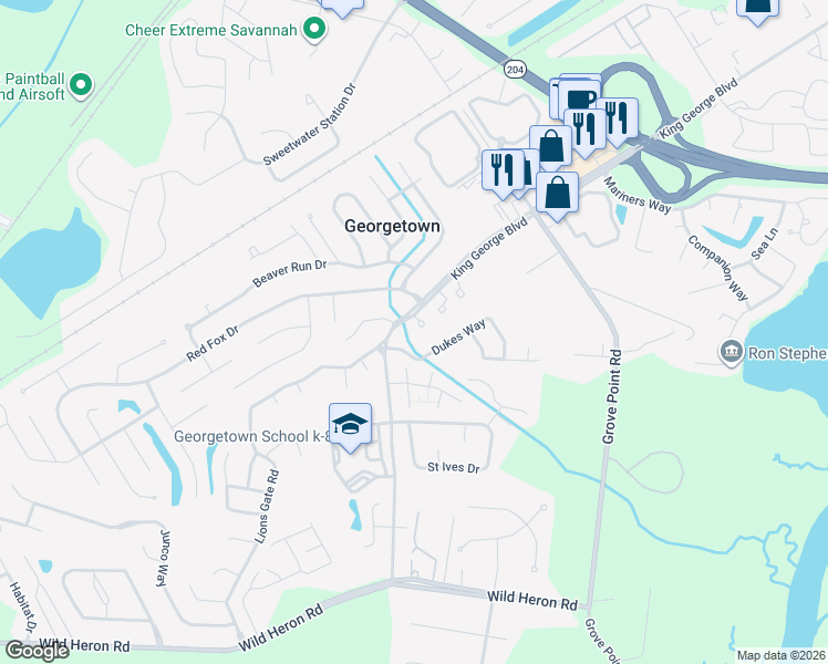 map of restaurants, bars, coffee shops, grocery stores, and more near 1401 King George Boulevard in Savannah
