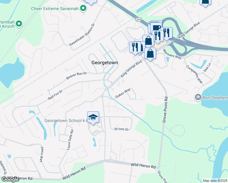 map of restaurants, bars, coffee shops, grocery stores, and more near 1401 King George Boulevard in Savannah