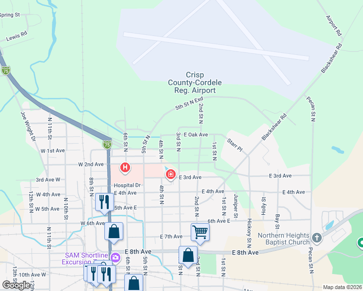 map of restaurants, bars, coffee shops, grocery stores, and more near 1102 3rd Street North in Cordele