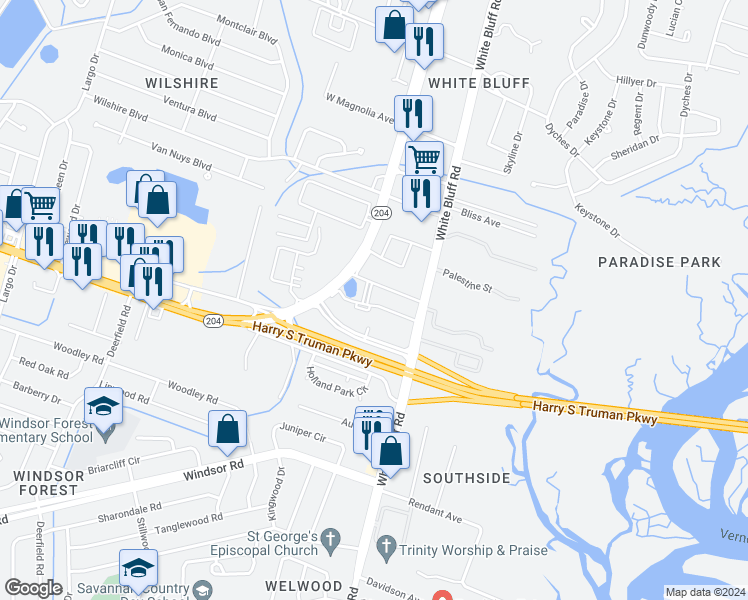 map of restaurants, bars, coffee shops, grocery stores, and more near Unnamed Road in Savannah