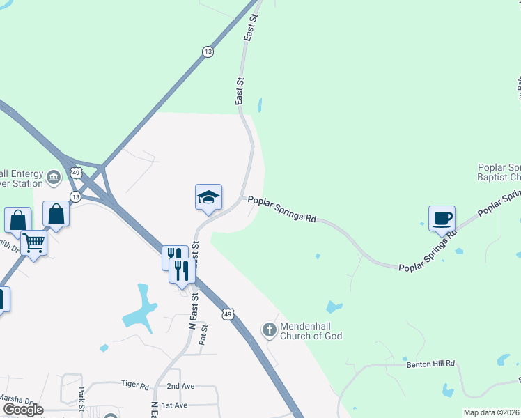 map of restaurants, bars, coffee shops, grocery stores, and more near 113 Poplar Springs Road in Mendenhall