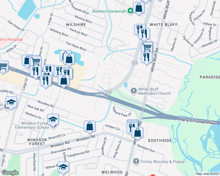 map of restaurants, bars, coffee shops, grocery stores, and more near 10725 Abercorn Street in Savannah