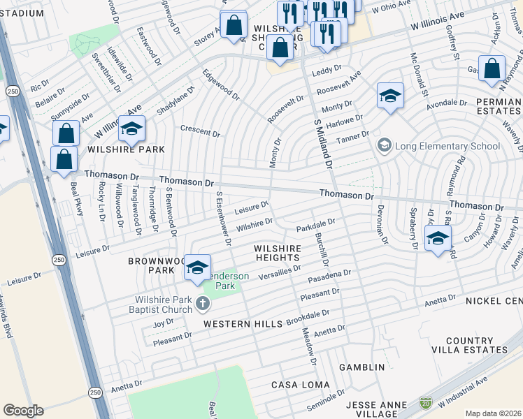 map of restaurants, bars, coffee shops, grocery stores, and more near 4605 Leisure Dr in Midland