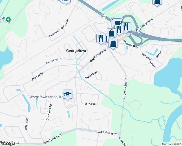 map of restaurants, bars, coffee shops, grocery stores, and more near 116 Dukes Way in Savannah
