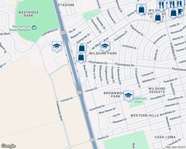map of restaurants, bars, coffee shops, grocery stores, and more near 318 Rocky Lane Drive in Midland