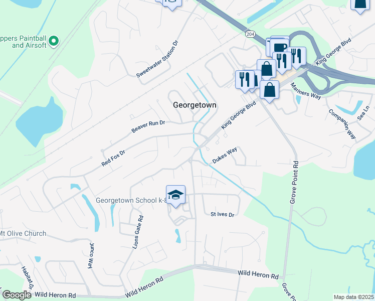 map of restaurants, bars, coffee shops, grocery stores, and more near 105 Chalice Way in Savannah