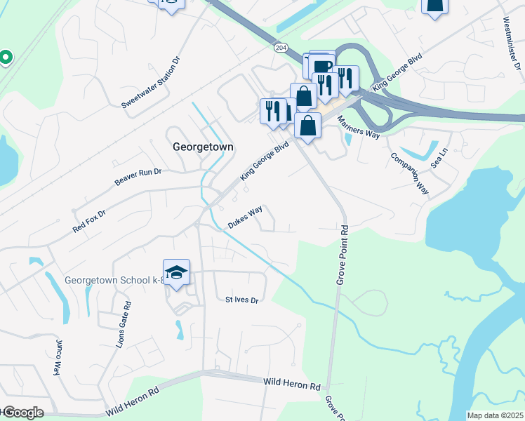map of restaurants, bars, coffee shops, grocery stores, and more near 137 Dukes Way in Savannah